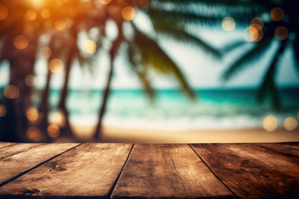 モックアップ夏の製品表示や旅行広告のための美しいビーチのぼやけた背景にある素朴な木製のテーブルを空にします。編集のためのテーブルの上にカスタマイズ可能なスペースを持つピクニックテーブル。ふらりと - 写真・画像