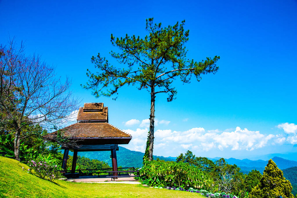 Maison de repos avec pin au point de vue de Doi Kiew Lom dans le parc national de Huai Nam Dang, Thaïlande. - Photo, image