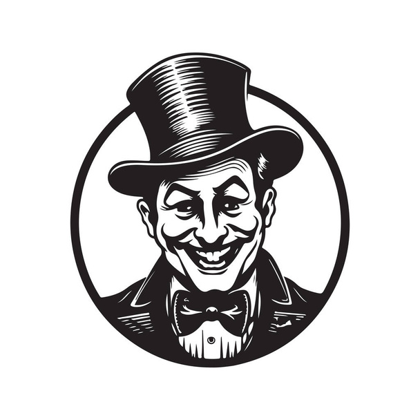 circus clown wearing suit, vintage logo line art concept black and white color, hand drawn illustration - Vector, Image
