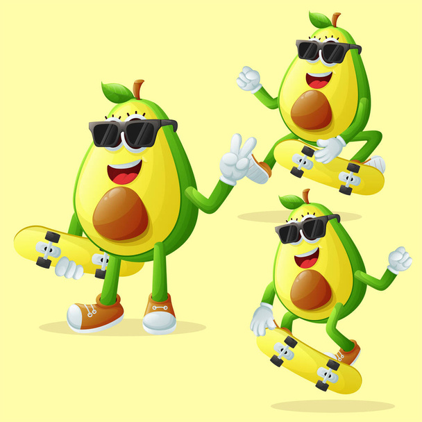 Set of cute avocado characters skateboarding. Perfect for kids, merchandise and sticker, banner promotion or blo - Vettoriali, immagini