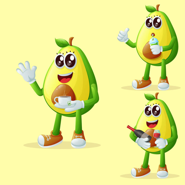 Set of cute avocado characters enjoying beverages. Perfect for kids, merchandise and sticker, banner promotion or blo - Vektori, kuva