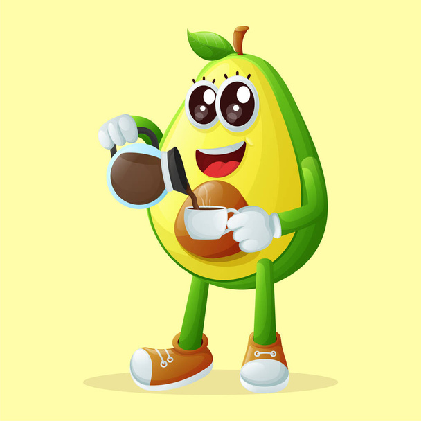 Cute avocado character pouring coffee. Perfect for kids, merchandise and sticker, banner promotion or blo - Vektör, Görsel