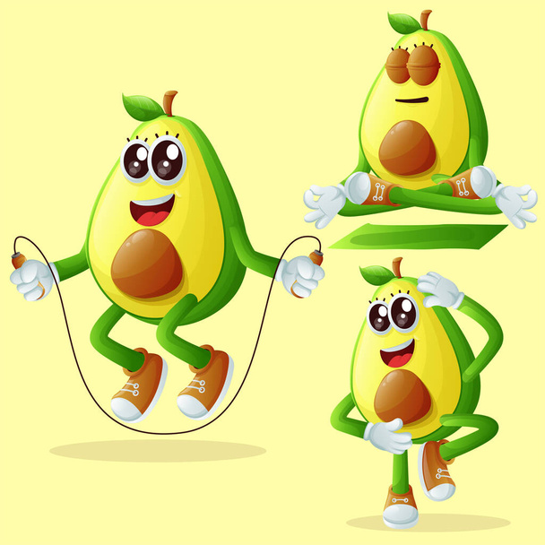 Set of cute avocados character exercising. Perfect for kids, merchandise and sticker, banner promotion or blo - Vector, afbeelding