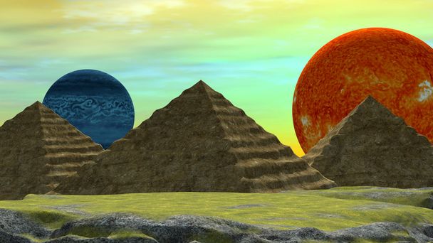 Kaukainen maailma kaksi planeettaa ja Egyptin tyyliin Pyramidit
 - Valokuva, kuva