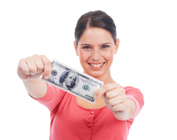 Finance, money and winner with portrait of woman for investment, success and growth. Cash, dollar and happy with face of girl customer isolated on white background for financial, deal and promotion. - Фото, изображение