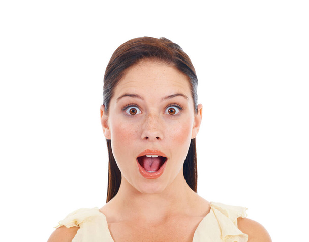 Face portrait, surprise and woman shocked over winner notification, discount announcement or studio news. Wow, omg facial expression and female model, winner or person isolated on white background. - Zdjęcie, obraz