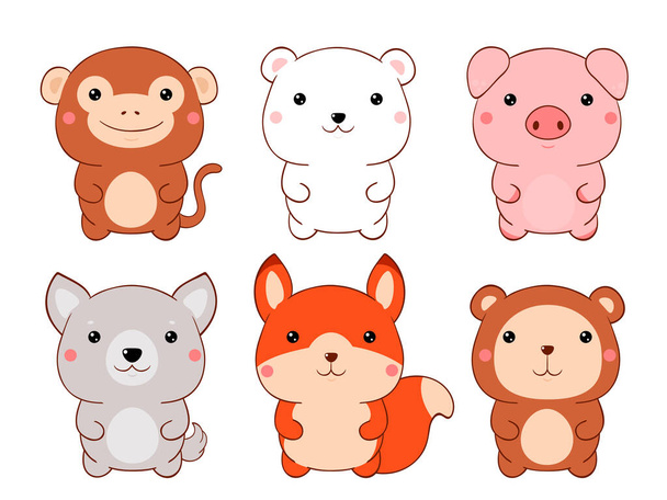 Set of cute fat cartoon animals in kawaii style. Collection of lovely animal baby. Funny monkey, squirrel, polar bear, wolf, gopher, pig - Vector, Image