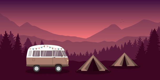 кемпинг приключение в пустыне с фургоном кемпера и векторной иллюстрацией палатки EPS10 - Вектор,изображение