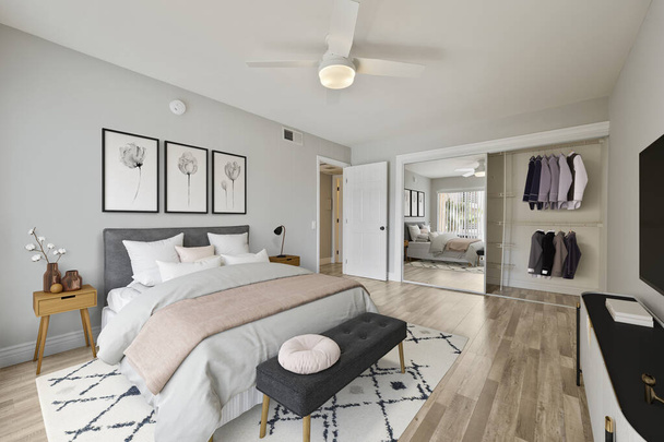Interior of modern and stylish bedroom, 3d rendering  - 写真・画像