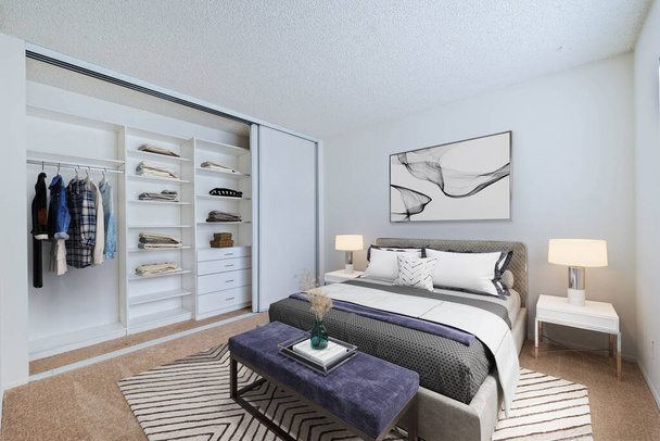 interior of modern bedroom with white walls. 3d rendering - Foto, Bild