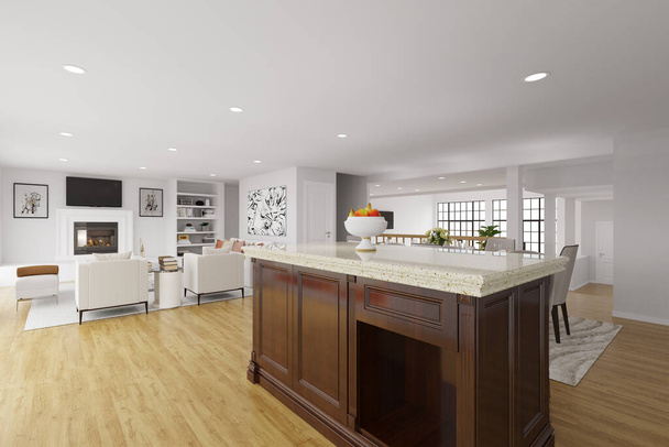 modern konyha, fehér falak és fapadló és egy nagy ablak. 3D-s renderelés - Fotó, kép