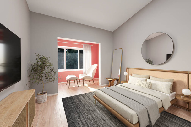 interior of modern bedroom with bed and wooden floor 3d rendering. - Zdjęcie, obraz