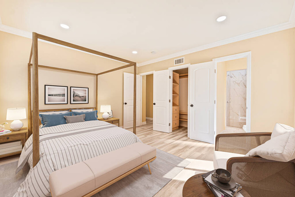 Modern yatak odası iç tasarımı. 3d Rendering - Fotoğraf, Görsel