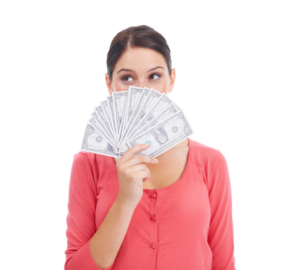 Growth, finance and success with woman and money for investment, winner and economy. Cash, dollar and wow with face of girl customer isolated on white background for financial, deal and promotion. - Fotó, kép