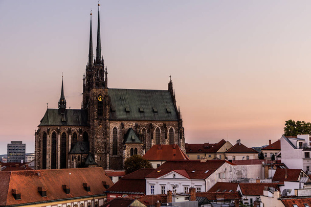 Evening skyline of Brno city with the cathedral of St. Peter and Paul, Czech Republic - Фото, изображение