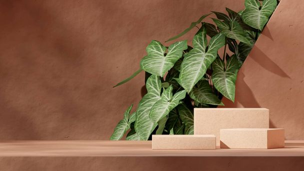 3d изображение пустой макет коричневый Terrazzo подиум в ландшафтно-зеленый лист растения и текстурированной стены - Фото, изображение