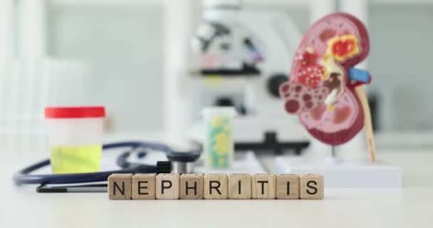 Word Nephritis of wooden cubes against urine sample and human kidney on table in clinic. Disease with problems of bad filtering waste from blood - Footage, Video