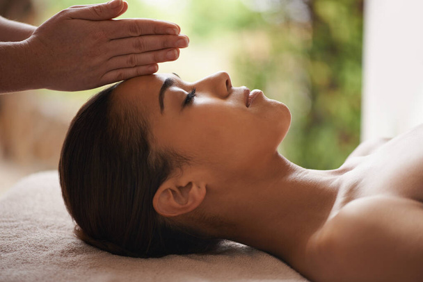 Girl, hands or head massage in spa hotel for zen resting, sleeping wellness or relaxing physical therapy. Calm, eyes closed or woman in beauty salon to exfoliate for facial healing treatment or detox. - Zdjęcie, obraz