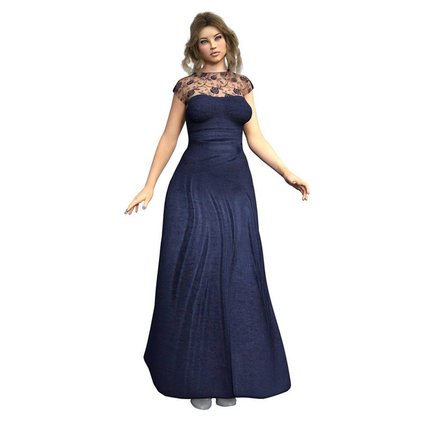 CG, 3D render, illustration, blonde caucasian female in blue evening gown dress, - Photo, Image