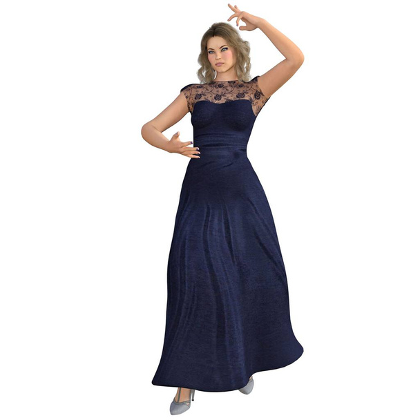 CG, 3D render, ilustración, mujer rubia caucásica en vestido de noche azul, - Foto, Imagen