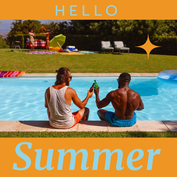Composite of hello summer text and rear view of male friends toasting alcohol bottles at poolside. Togetherness, drink, pool party, season, enjoyment and holiday concept. - 写真・画像
