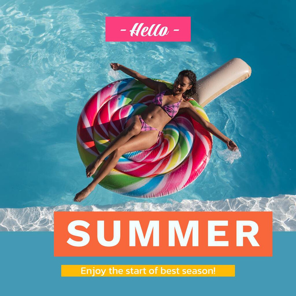 Composite of hello summer text and biracial happy young woman lying on floating popsicle in pool. Bikini, relaxing, enjoy the start of best season, pool party, enjoyment and holiday concept. - Photo, Image