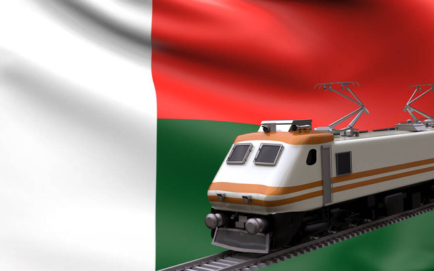 Μαδαγασκάρη χώρα εθνική σημαία με τρένα ταχύτητας ατμομηχανή τουριστικό ταξίδι διαδρομή διεθνές ταξίδι υποδομή έννοια 3d απόδοση εικόνας - Φωτογραφία, εικόνα