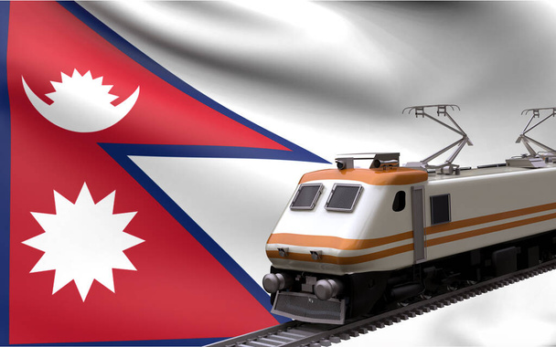 Nepal land nationale vlag met snelheidstreinen spoorweg locomotief toeristische reizen pad internationale reis infrastructuur concept 3d weergave beeld - Foto, afbeelding
