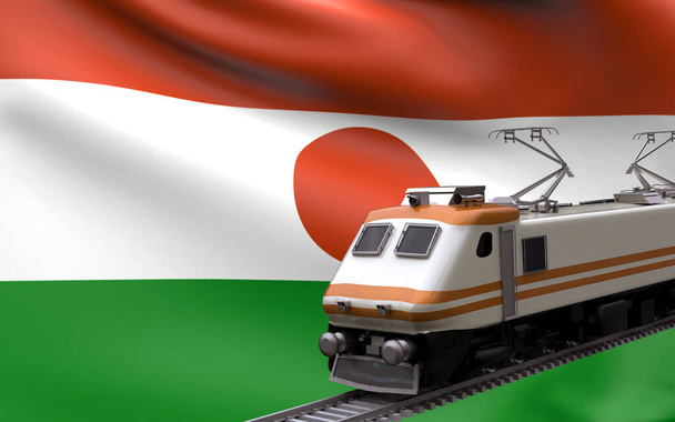 Niger land nationale vlag met snelheidstreinen spoorweg locomotief toeristische reizen pad internationale reis infrastructuur concept 3d weergave beeld - Foto, afbeelding