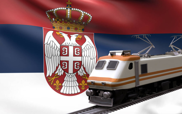 Serbia country national flag with speed trains railroad locomotive tourist traveling path international journey infrastructure concept 3d rendering image - Photo, Image