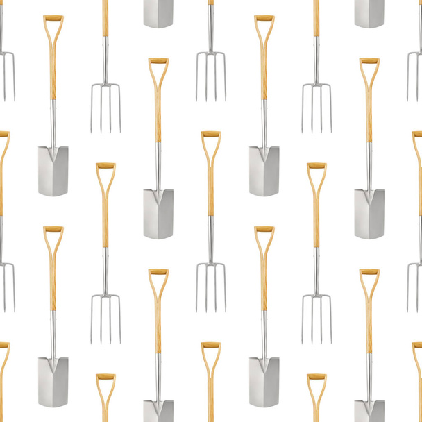 Seamless pattern with gardening tool and garden equipment, spade and fork with wooden handle, isolated top view on white background. Wrapper template for greenhouse or flower shop. - Fotografie, Obrázek