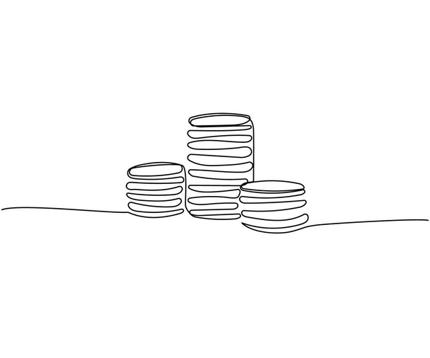 Tři hromádky mincí různých výšin, centů, kopějek, mincí jedno liniové umění. Průběžná kresba linie banky, peníze, finanční, platby, úspory, bohatství, úvěry Ručně kreslené vektorové ilustrace - Vektor, obrázek