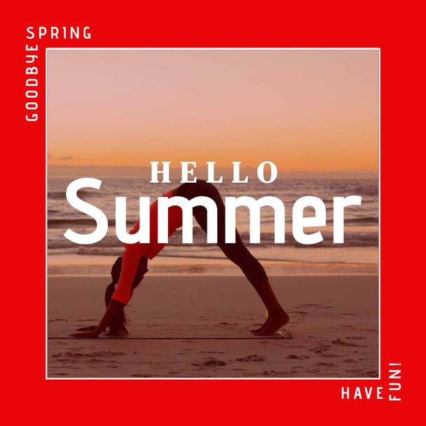 Composite of hello summer and have fun text and biracial woman exercising at beach against sky. Copy space, sunset, fitness, lifestyle, goodbye spring, season, nature and holiday concept. - Foto, immagini