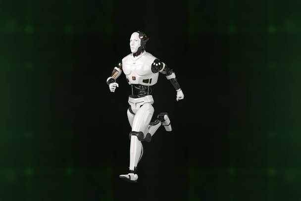 Futuristische Weltroboter laufen. Präsentation der Technologie mit Robotern. 3D-Rendering Aktion des Roboters. - Foto, Bild