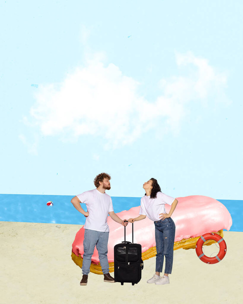 Happy couple on summer vacation, standing on beach. Romantic summer trip. Fantasy, dreams. Contemporary art collage. Creative design. Concept of travelling, creativity, inspiration - Foto, Imagen