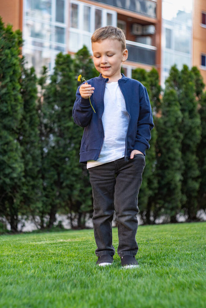 Portrait of happy boy. Child is smiling in spring day. Kid is enjoying spring. Sunny day. Boy holding dandelion. Outdoor. High quality photo - Photo, image