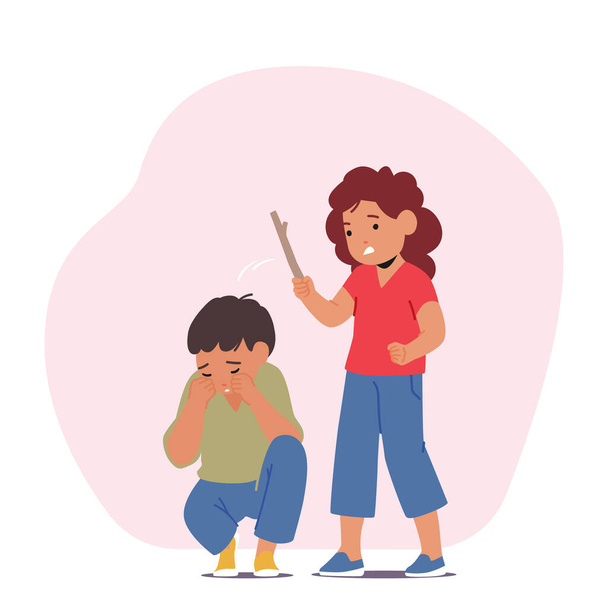 Bad Kids Behavior. Violent Altercation, Girl Strikes Boy Character Forcefully With A Sturdy Tree Stick, Leading To A Confrontational Incident Between The Two Characters. Cartoon Vector Illustration - Vector, Image