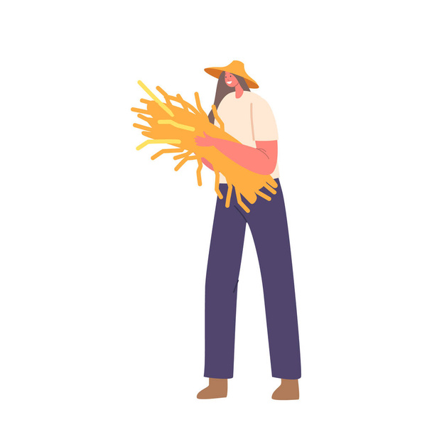 Farmer Woman With Weathered Hands And Determined Expression, Holds A Bundle Of Golden Hay Close To Her Chest, Rancher Female Character Isolated on White Background. Cartoon People Vector Illustration - Wektor, obraz