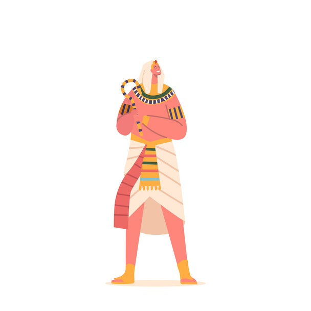 Egyiptomi fáraó Karakter Holding személyzet, erős szimbóluma a vezetés és a hatóság az ókori Egyiptomban, díszített hieroglifák, képviselő uralom a földön. Rajzfilm emberek vektor illusztráció - Vektor, kép