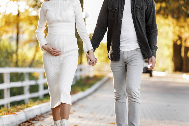 Zwangerschap en ouderschap concept - man loopt met zwangere vrouw in het najaar park. Gelukkig styling jong gezin is ontspannen buiten in het weekend op zonnige dag - Foto, afbeelding