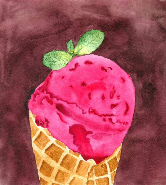 Rózsaszín fagylalt. Kézzel festett akvarell. - Fotó, kép