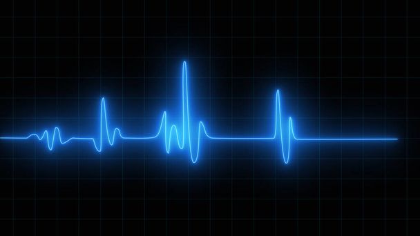 Fondo de ilustración azul de la pantalla del osciloscopio cardiográfico cardiográfico. Monitoreo de emergencia. Pulso cardíaco de neón brillante azul. Latido. Electrocardiograma - Foto, Imagen