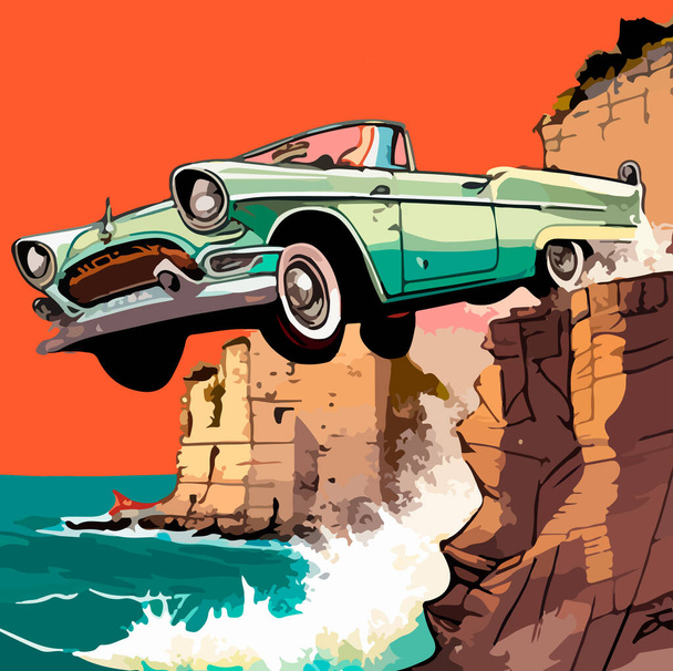 Cartoon car falling off a cliff. Vector illustration - Vettoriali, immagini