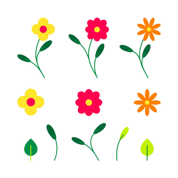 Tavaszi vagy nyári virág- és levelkészlet, elszigetelt lapos vektorillusztráció - Vektor, kép