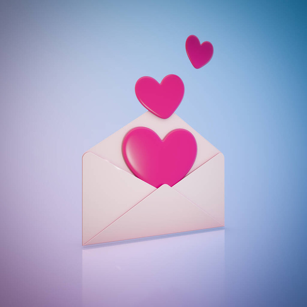 3D Render of Valentine Lover Concept - Καρδιές που βγαίνουν από το φάκελο - Φωτογραφία, εικόνα