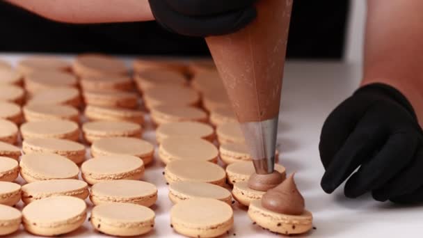 Franse woestijnmakaken maken. Chef-kok handen met snoepgoed zak room toe te voegen aan de kant en klare helften van bruine chocolade macarons in banketbakkerij. kook-, eet- en bakconcept - Video