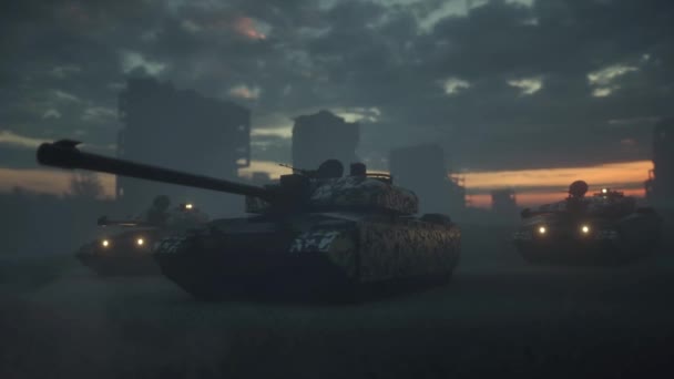 Tanks among the destroyed city. The invasion of tank equipment on someone elses territory. - Footage, Video