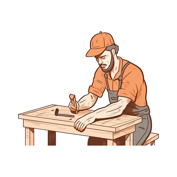 ξυλουργός επισκευή ξύλινη σανίδα με εξοπλισμό πάνω από λευκό - Διάνυσμα, εικόνα