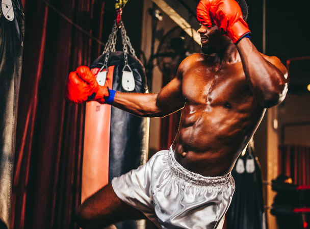 Au niveau professionnel, les boxeurs s'entraînent régulièrement en frappant et en frappant des sacs de sable. Pour réussir dans la carrière de l'individu, l'autodiscipline, la détermination et la patience sont des qualités essentielles. - Photo, image