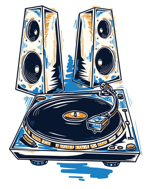 Drawn turntable with speakers, colorful drawn music design - Vektor, kép